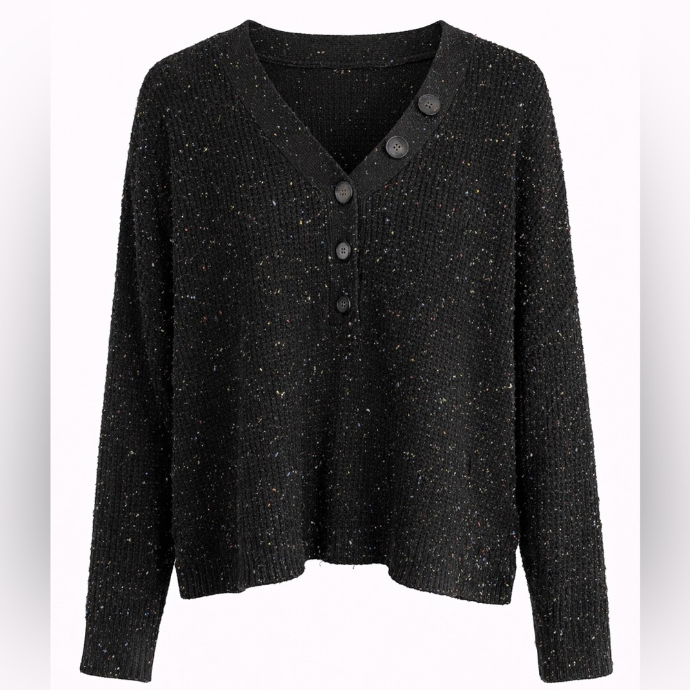 Black Speckled Knit Button-Front Sweater Size XL‎